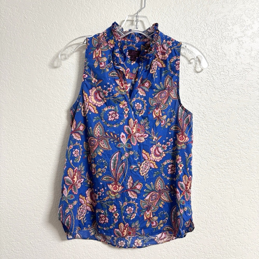 J Crew Liberty Print Top Womens 0 Blue‎ Floral Sleeveless Ruffle Neck - Picture 1 of 10